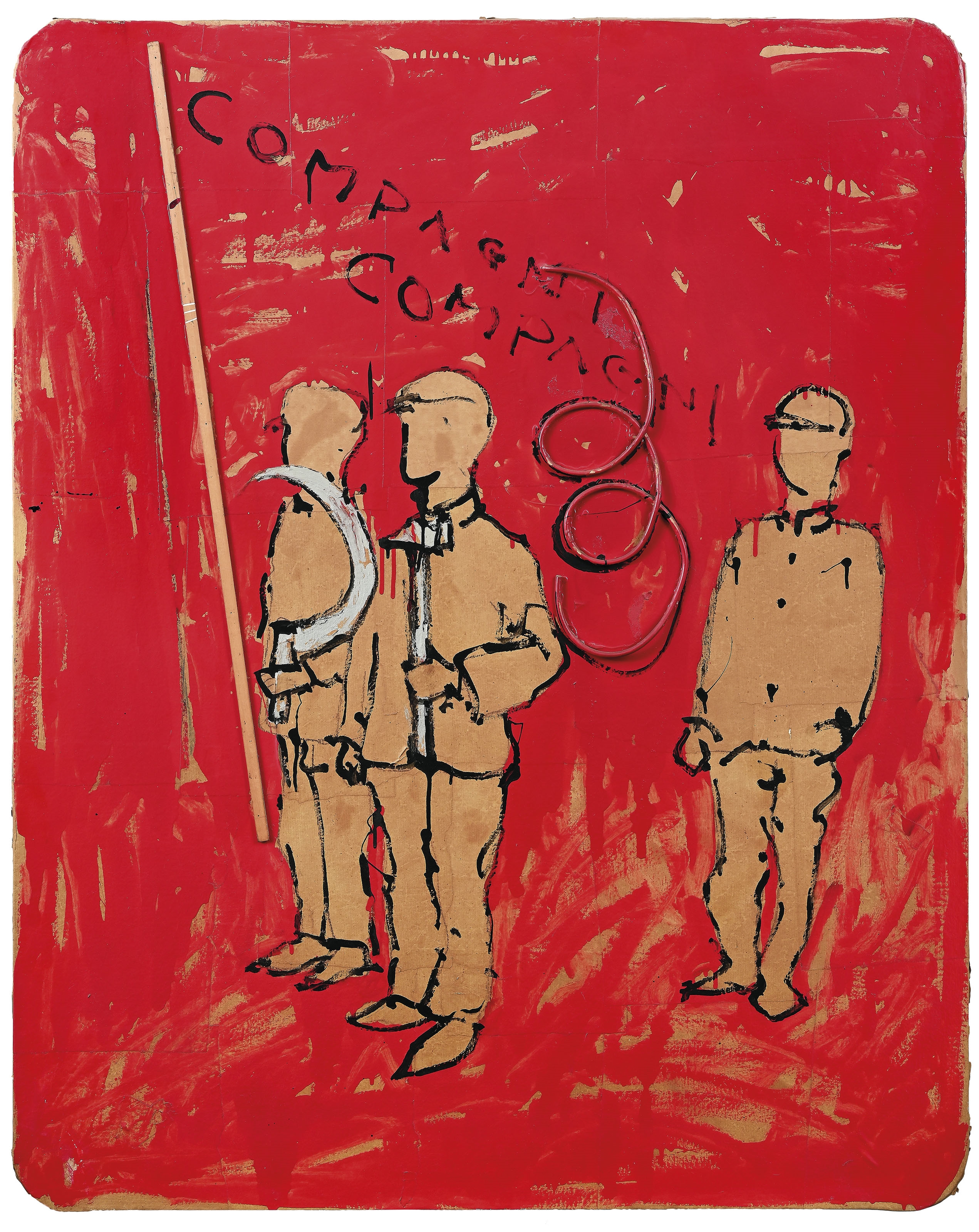 Artwork by Mario Schifano, Compagni Compagni (Comrades Comrades), Made of enamel and paper collage on paper, laid down on canvas