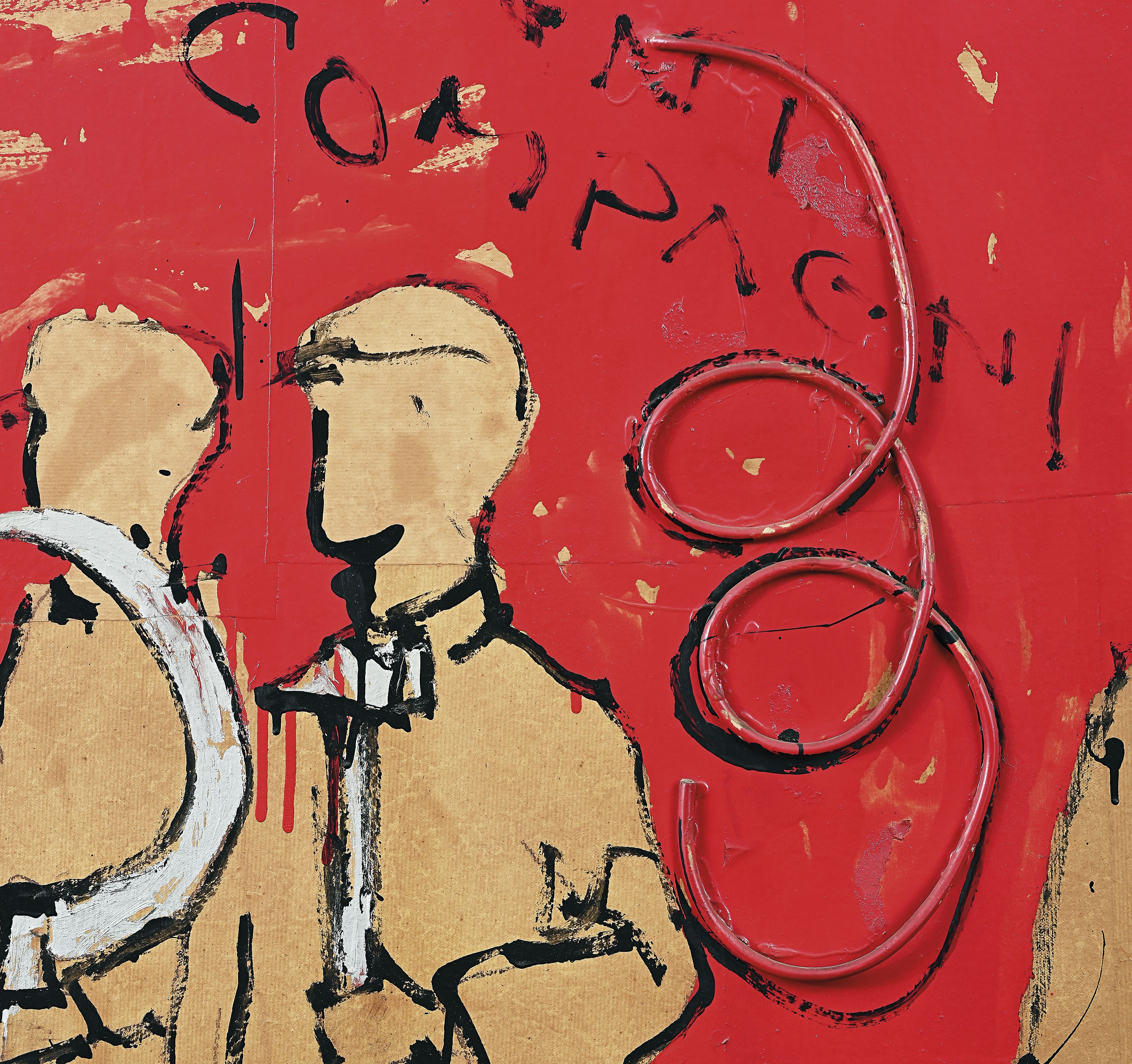 Artwork by Mario Schifano, Compagni Compagni (Comrades Comrades), Made of enamel and paper collage on paper, laid down on canvas