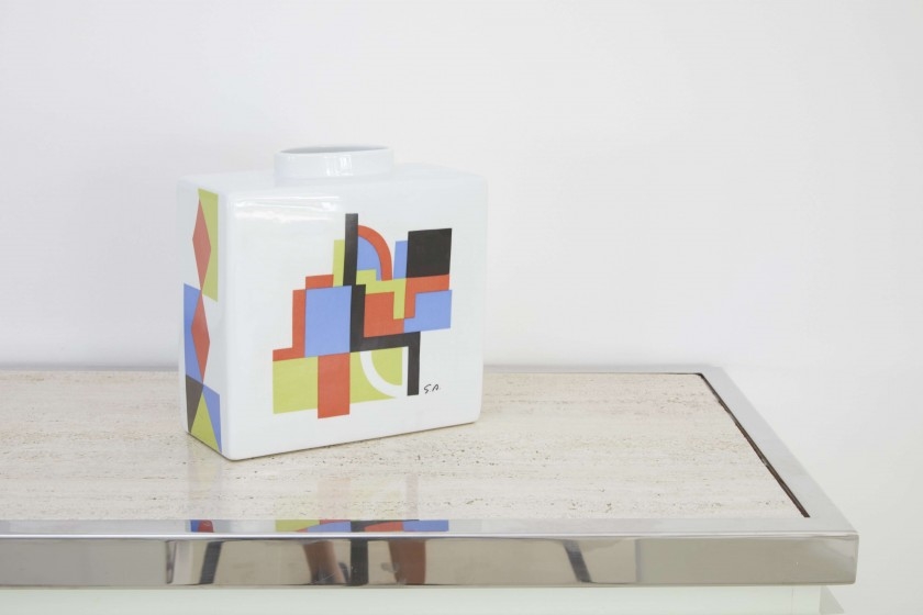 Artwork by Sonia Delaunay, Venise, Made of Limoges porcelain rectangular vase with polychrome geometric decoration