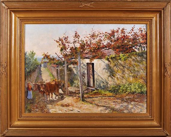 A Rural scene with figure and cattle by António Manuel da Saúde, 1944