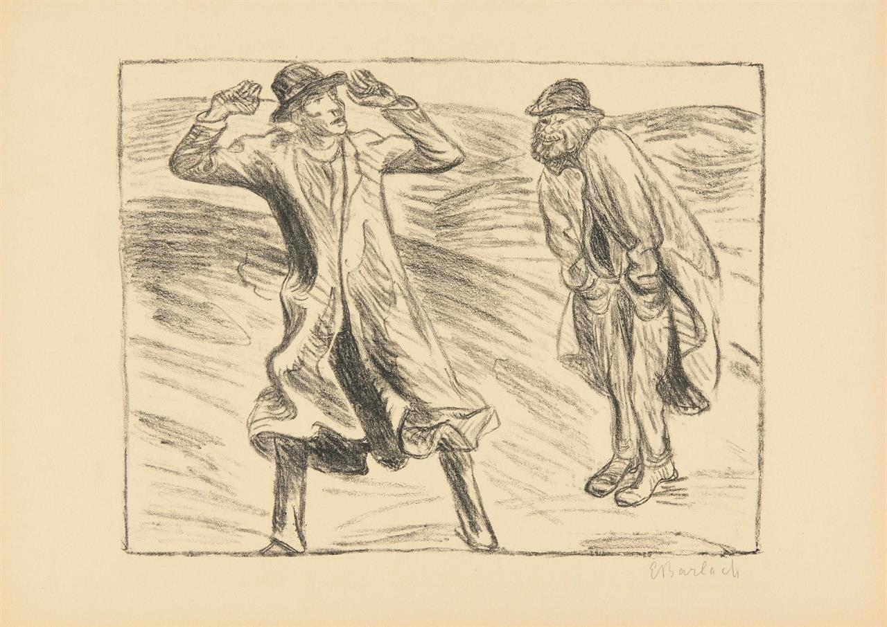 Artwork by Ernst Barlach, UNGLEICHES PAAR / DIE RAUCHERIN / GESPRÄCH VOR TISCH, Made of Lithograph on chamoise Watteau laid paper