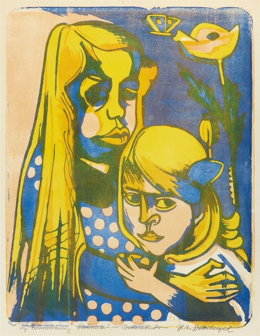 Artwork by Peter August Böckstiegel, BAUERNKINDER (AUS: BAUERNLEBEN), Made of Color lithograph on chamois-colored laid paper