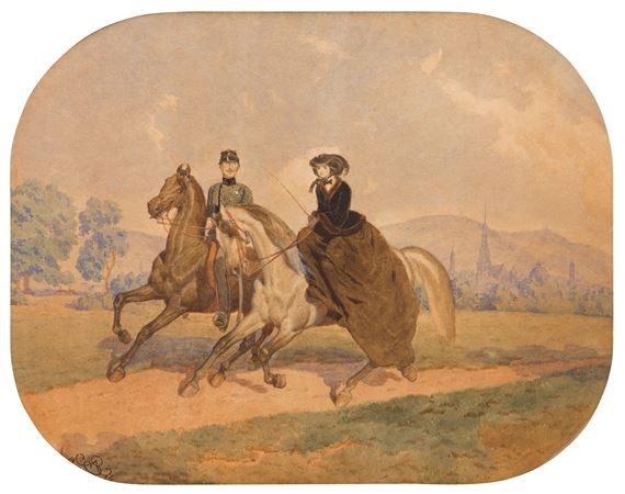 "Przejazdzka" (Olimpia Pierozko-Mikolajewicz z Pulkownikiem Podlewskim w Praterze w Wiedniu, "Pulkownik Podlewski z amazonka w Praterze")  by Artur Grottger, 1918