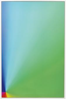 Photoshop CS: 110 by 72 inches, 300 DPI, RGB, square pixels, default gradient "Spectrum," mousedown y=31100 x=1500, mouse up y=32850 x=800 - Cory Arcangel