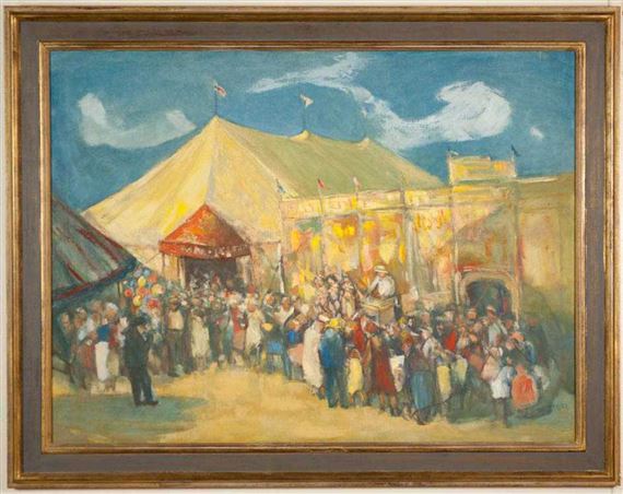 A vibrant impressionist painting of a bustling circus scene with a large tent and crowd.