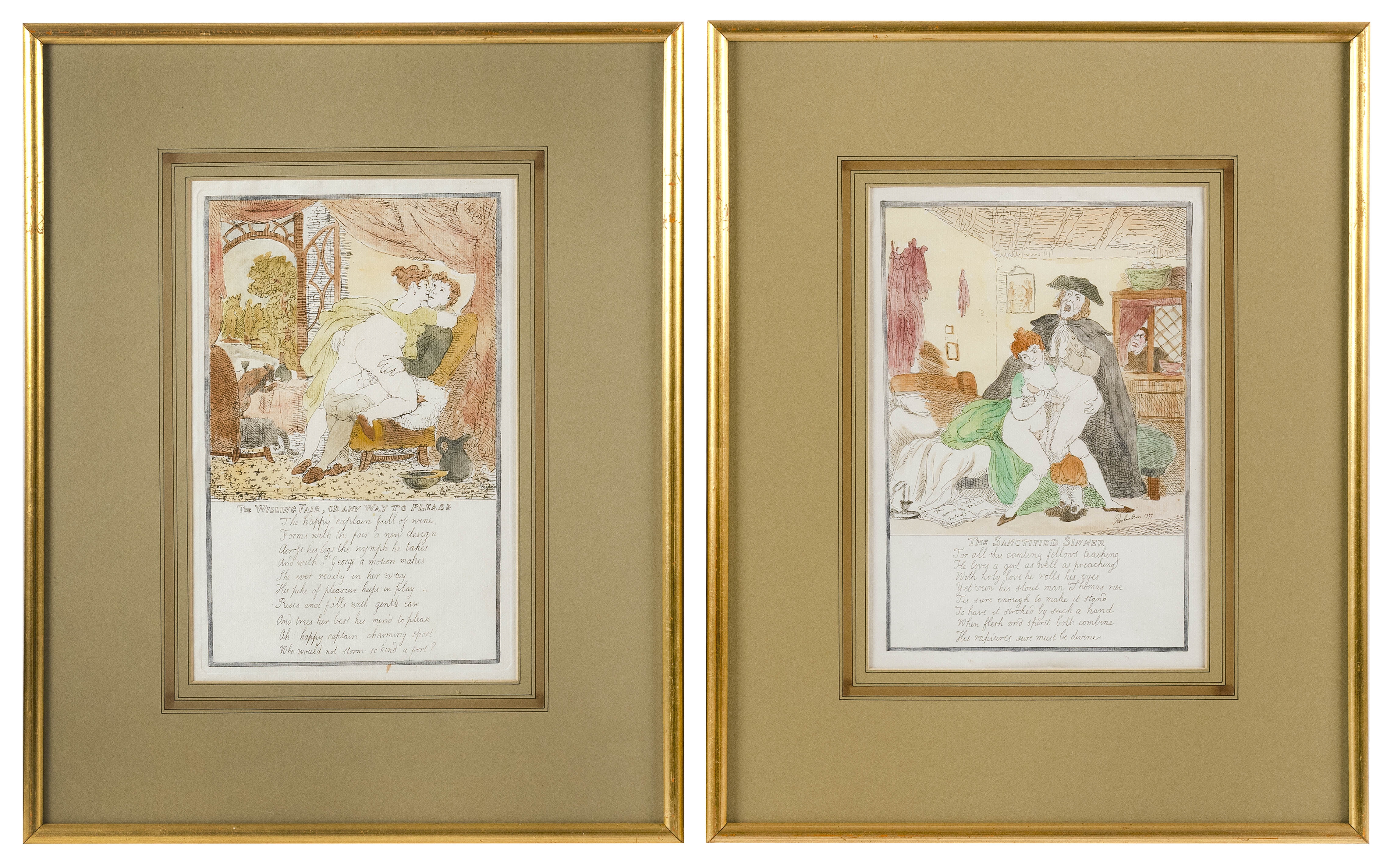 Artwork by Thomas Rowlandson, Four erotic poems and illustrations: The Sanctified Sinner", "The Willing Fair, or Any Way to Please", "The Country Squire New Mounted" and "The Toss Off", Made of etchings on copper plate