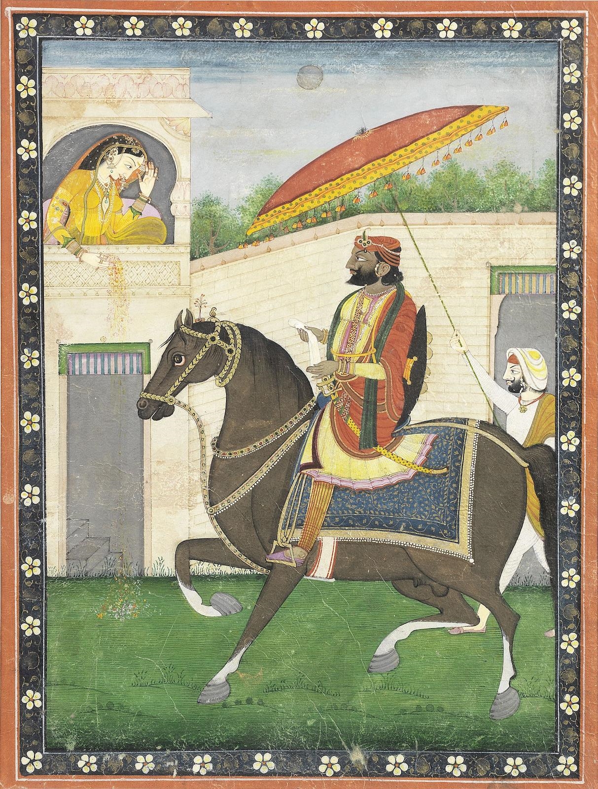 Maharajah Ghulab Singh on horseback, accompanied by an attendant, paying court to a maiden on a balcony above him by Punjab School, 19th Century, circa 1840-1845