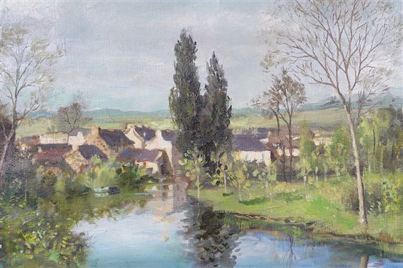 River running into a village by Georges Charles Robin