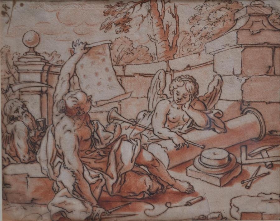 Artwork by German School, 18th Century, Allégorie de l'Architecture Accompagnée du Temps et de la Renommée, Made of Pen and black ink, brown wash