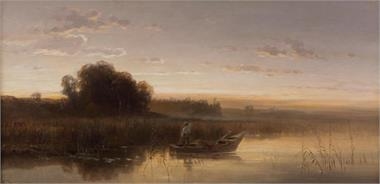 Artwork by Conrad Wimmer, Fischerboot am Chiemseeufer, Made of oil, canvas