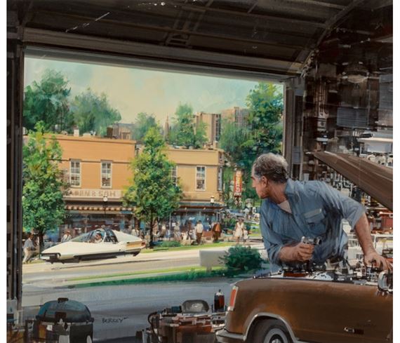 A Man Lays Down his Tools, Road & Track magazine interior illustration by John Conrad Berkey, October 1983