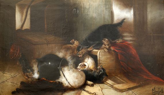 Dogs by a dropped kettle by Edward Armfield