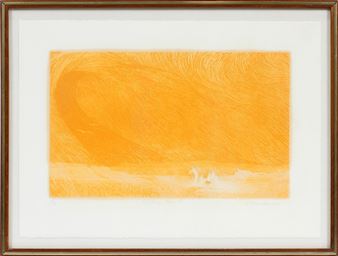 A minimalist etching featuring a large orange oval shape against a textured background.