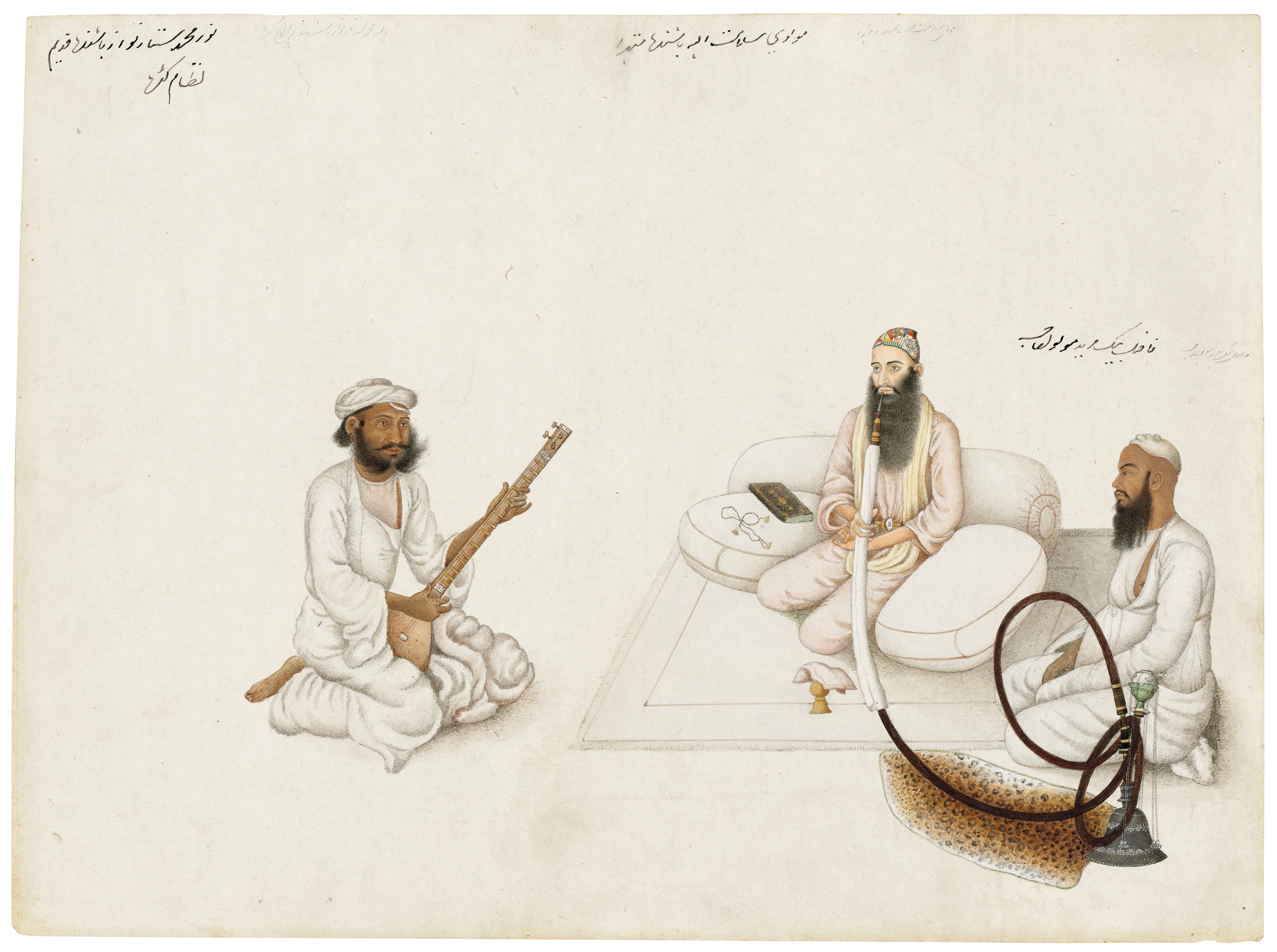 Artwork by Indian School, 19th Century, AN ILLUSTRATION FROM A FRASER ALBUM: MAWLAWI SALAMAT ALLAH OF MATHURA WITH A DISCIPLE AND A MUSICIAN, Made of Opaque and transparent pigments on paper