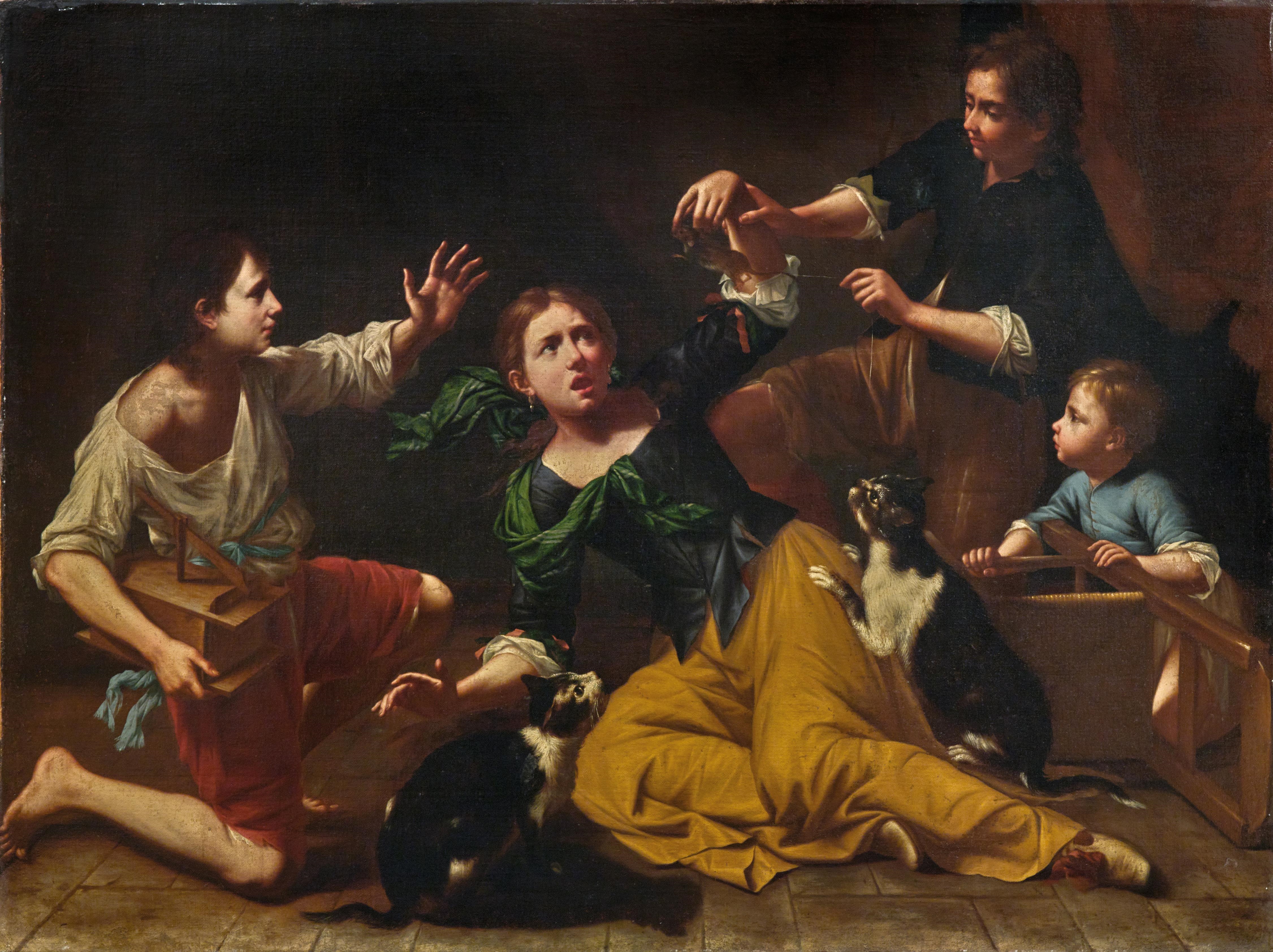 Artwork by Master of the Armenti, Children playing with cats and a mouse, Made of Oil on canvas