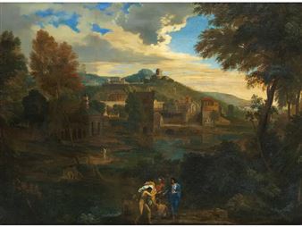 MOUNTAIN LANDSCAPE BY A RIVER WITH TOWNSCAPE - Etienne Allegrain