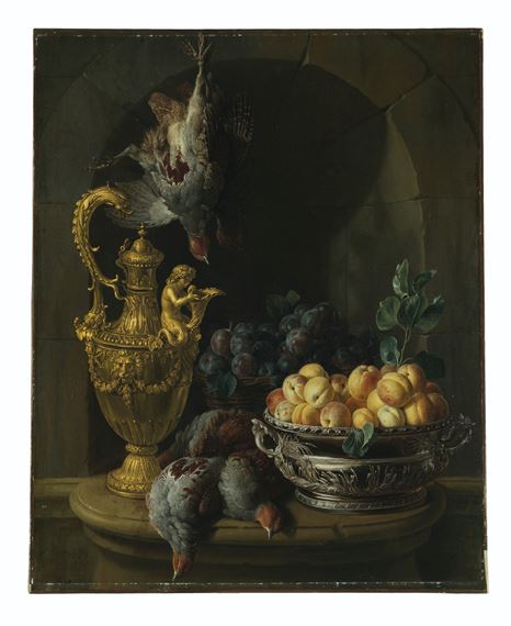 Game birds, apricots and plums, with a silver-gilt ewer and a silver tureen, on a ledge in a stone niche by Alexandre-François Desportes, 1730