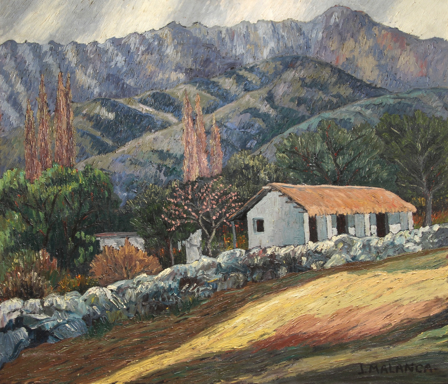 Artwork by José Malanca, PAISAJE SERRANO CON CONSTRUCCION, Made of Oil on canvas