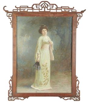 Portrait de jeune japonaise figurée en pied sur fond de paysage - Jakob Heinrich Reutlinger