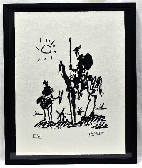 A black and white drawing of a man on a horse.