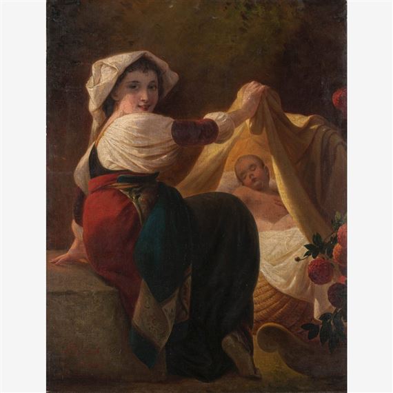 A classical painting of a woman unveiling a sleeping infant in a basket.