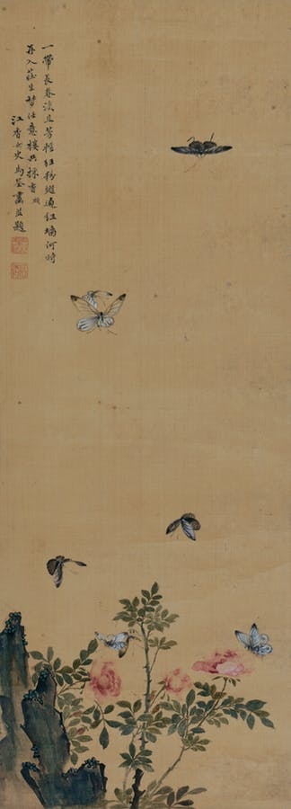 Artwork by Ma Quan, Flowers and Butterflies, Made of Ink and colour on silk