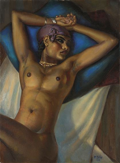 Nude on Blue Cushion by Mahmoud Said, 1926, Painted in 1926