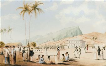 Ship Harfely Going into the Harbour of Tahiti, June 26th 1847; View of Papeete - Tahiti - Sketched July 1847; The island of Eimao – or Moorea by Sunset - July 1847 – small Isle in foreground is called Nicholas Island or; Interior of temporary tent at Government Point, Tahiti, Sept. 1847; Papeete – Tahiti – Hotel Du Government & Queen Pomare’s House, August 1847; Sketch of Tapoa – King of Bola Bola – Sketched by S R Lock august 1847; and Native of Tahiti – Sketched by S R Lock, Septr 1847. - Samuel Robert Lock