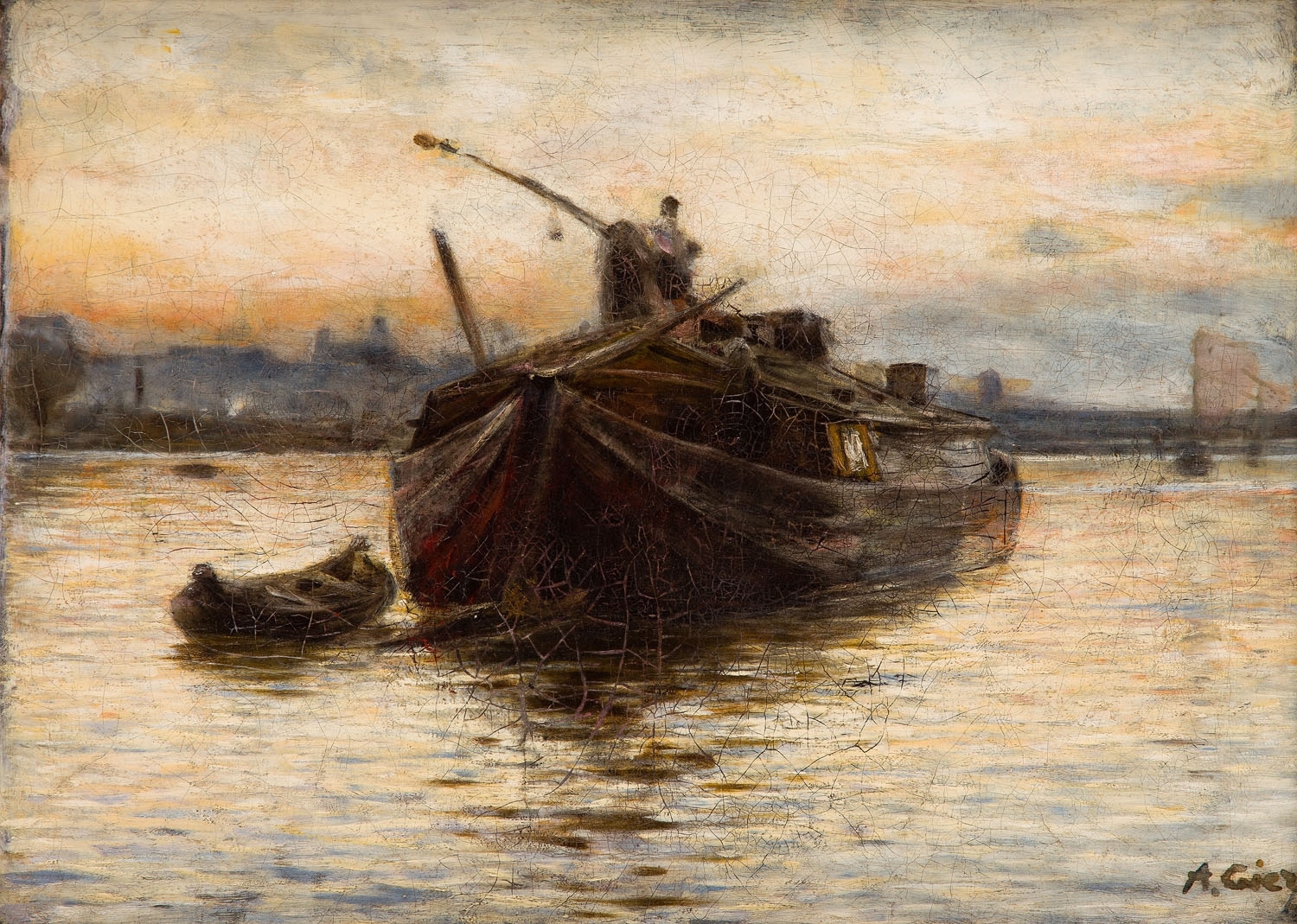 Artwork by Aleksander Gierymski, "From the Vistula Bank" ("A Barge on the river"), Made of oil/canvas