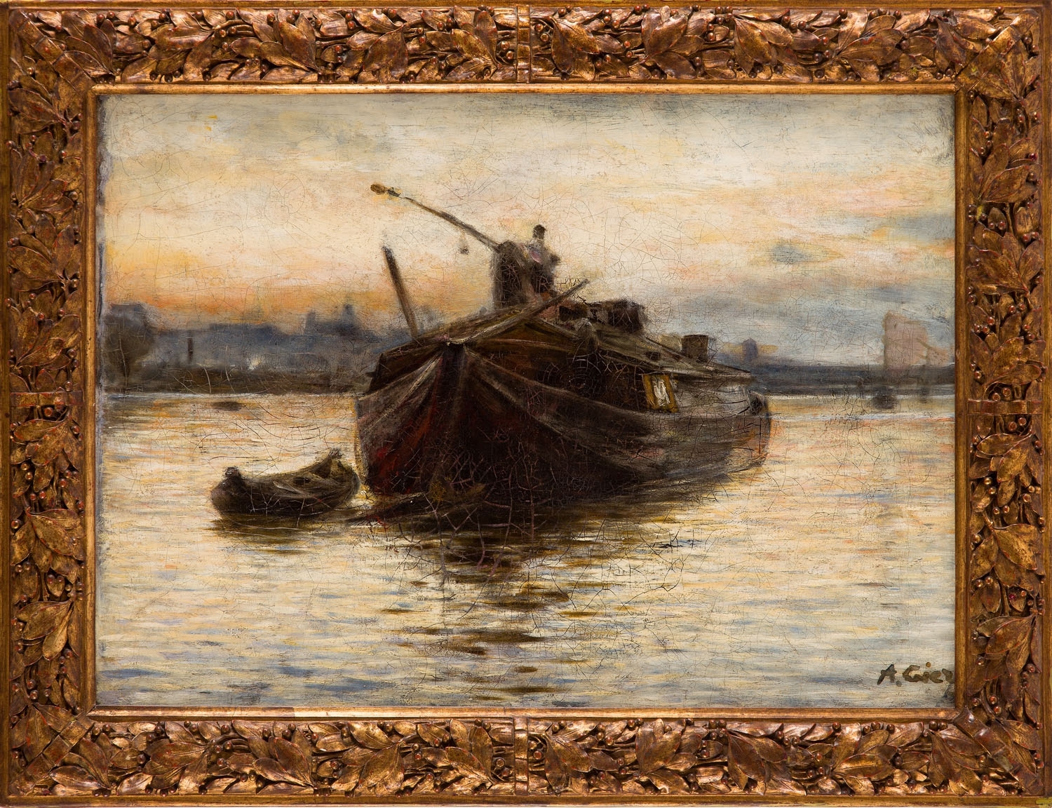 Artwork by Aleksander Gierymski, "From the Vistula Bank" ("A Barge on the river"), Made of oil/canvas