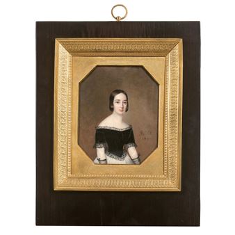 Portrait de femme à la robe noire en velours et dentelle de trois-quarts en buste - Jean Pierre Robelot