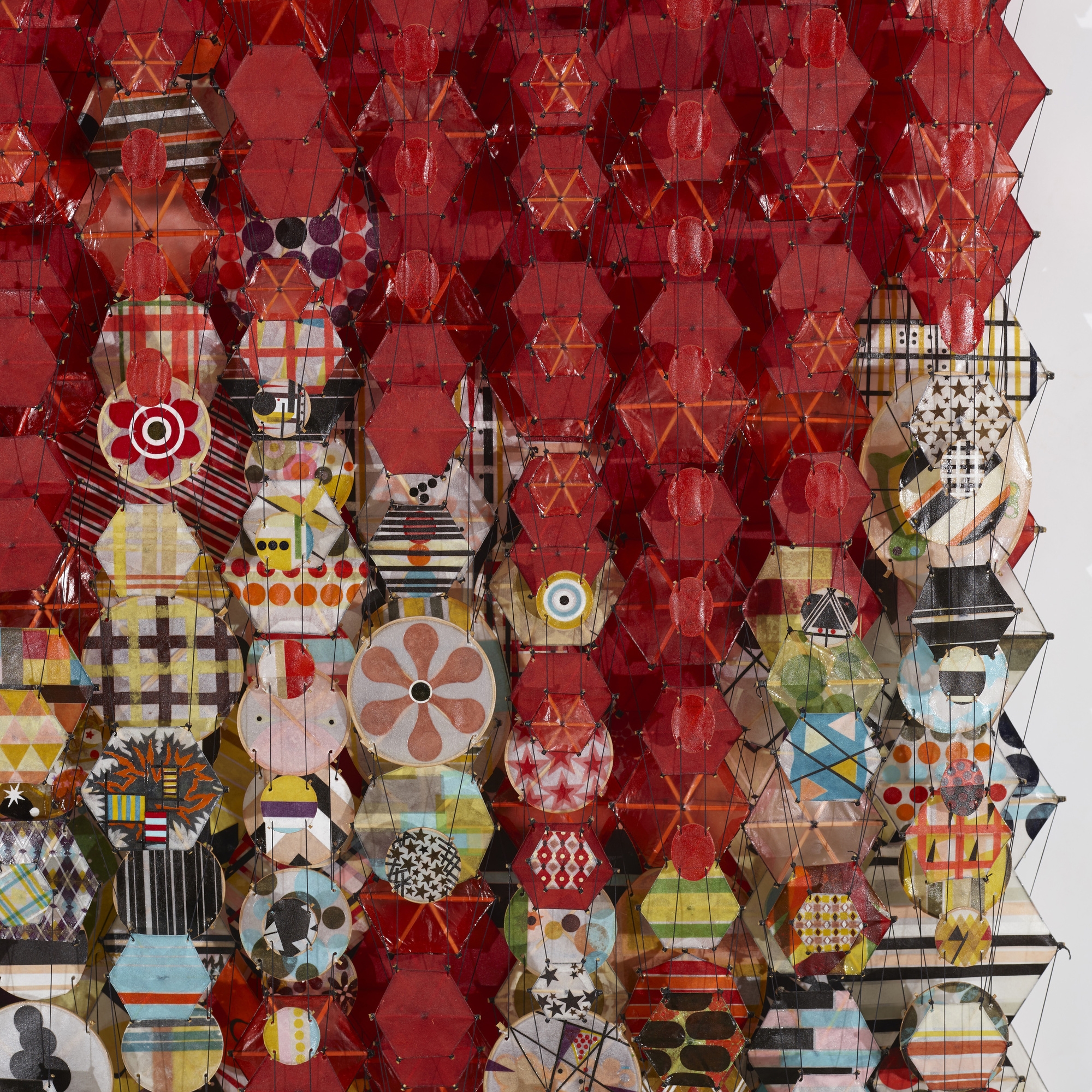 Artwork by Jacob Hashimoto, History of the Moon, Made of wood, acrylic, vellum, string, paper