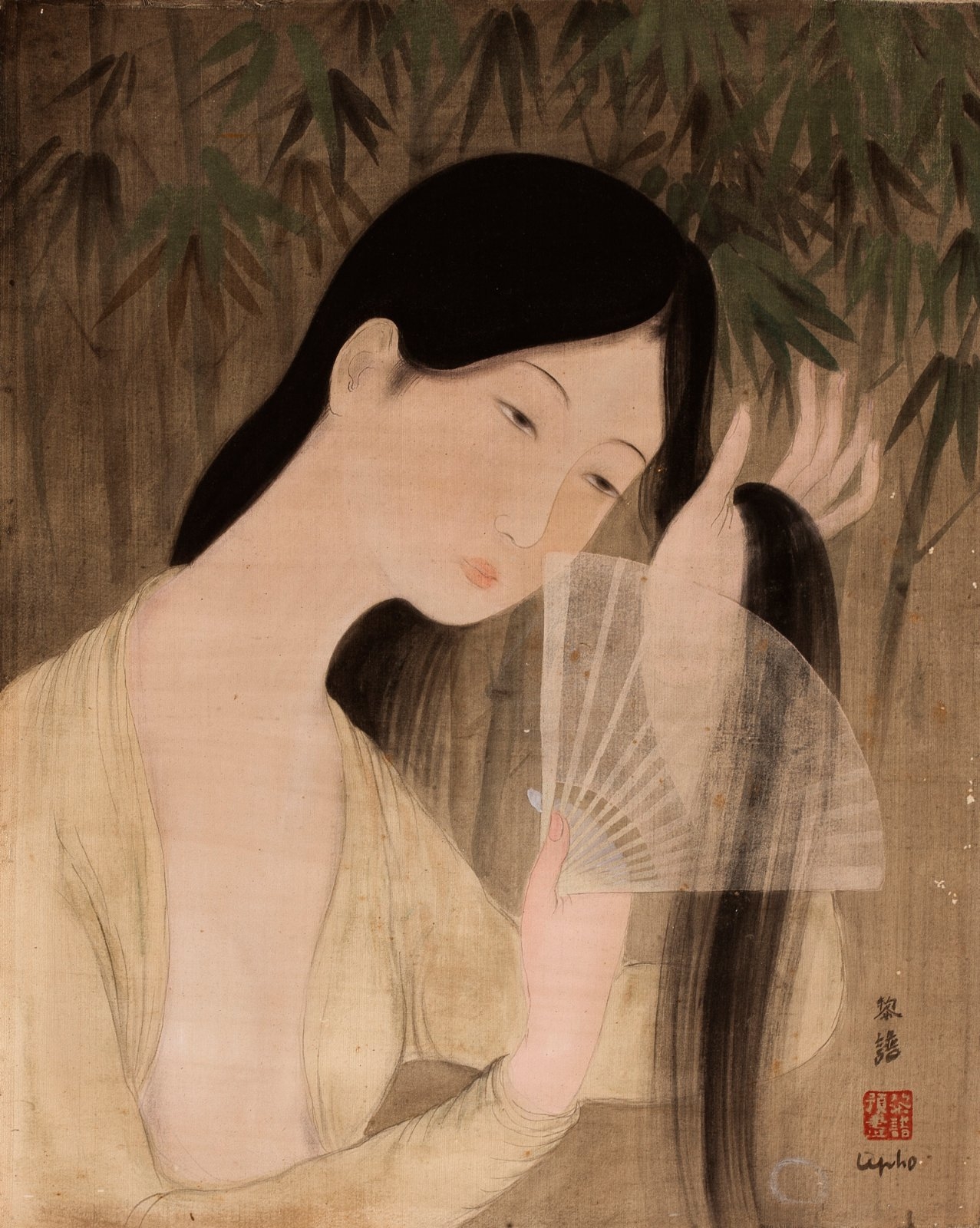 Artwork by Lê Phổ, Jeune femme à l’éventail, Made of Ink and color on silk