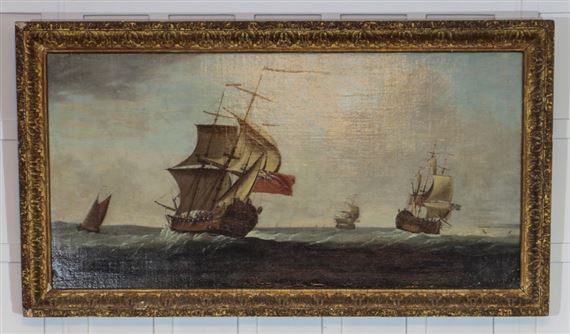 A British frigate and other shipping in a stiff breeze by Francis Swaine