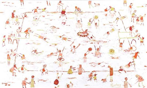 A chaotic, joyful scene of a crowded beach filled with people playing games and swimming.