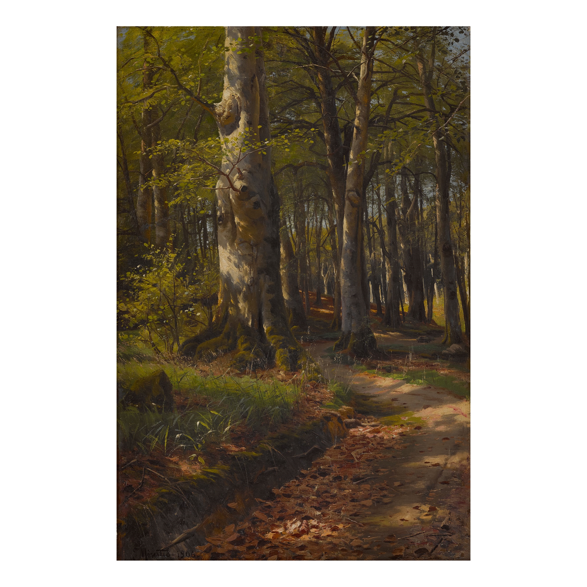 Artwork by Peder Mork Monsted, DAPPLED LIGHT ON A WOODLAND PATH, Made of oil on canvas