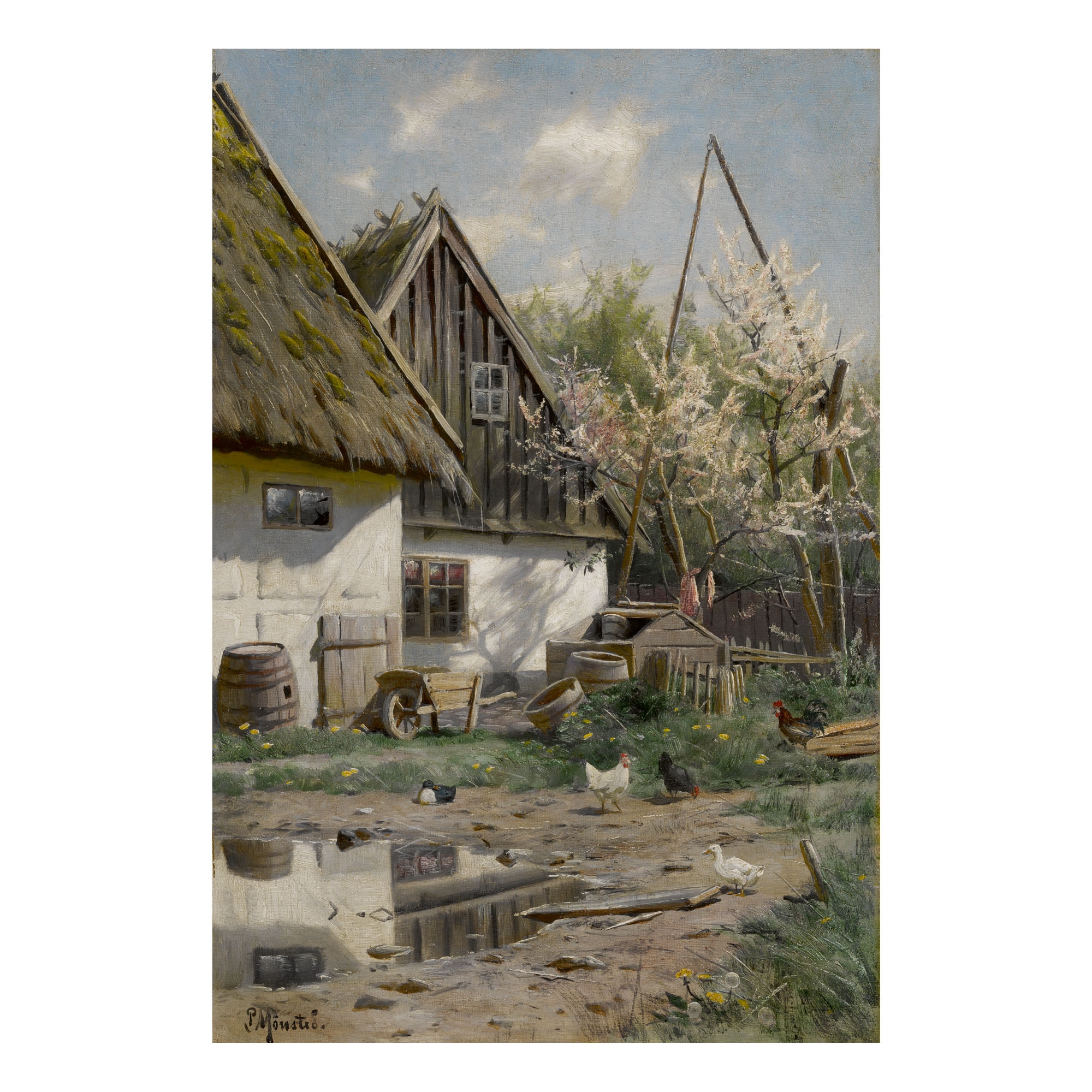 Artwork by Peder Mork Monsted, FARMHOUSE WITH CHICKENS, Made of oil on canvas