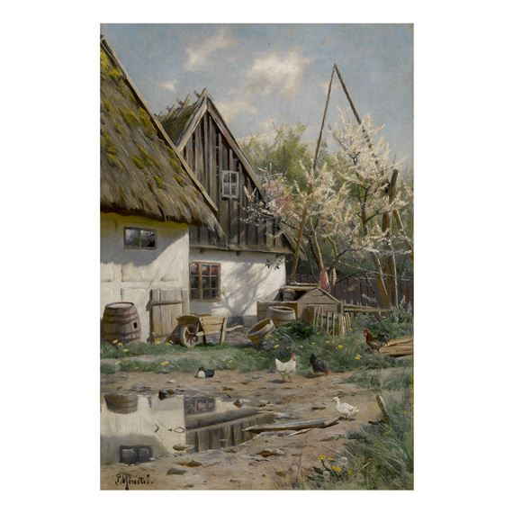 FARMHOUSE WITH CHICKENS by Peder Mork Monsted, 1859 - 1941
