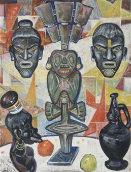 A vibrant still life featuring stylized African masks and a central totemic figure against a geometric background.
