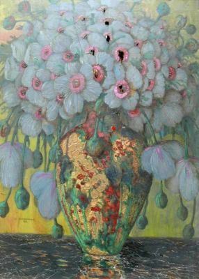 Carl Strathmann | Goldene Vase mit grau/lila Blumen (1914) | MutualArt