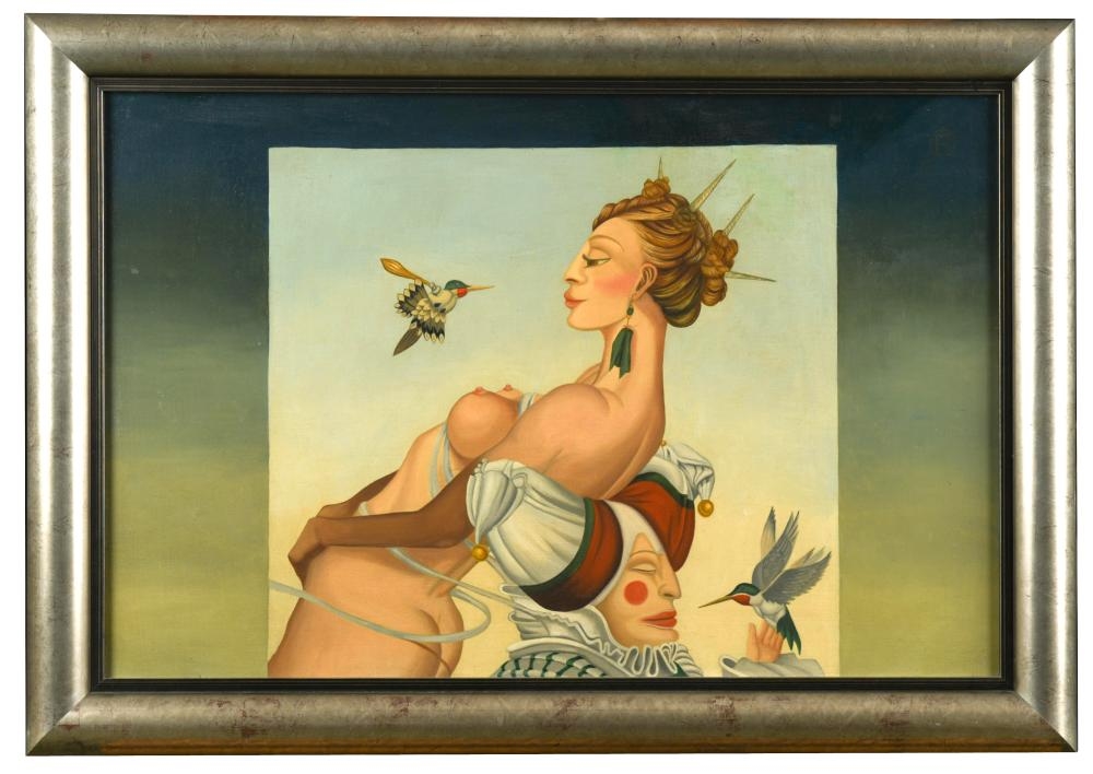 Erotic study of a semi-nude woman with a hummingbird by Michael Parkes
