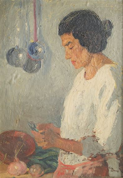 A woman in a white blouse stands in a kitchen, surrounded by hanging pots and vegetables.
