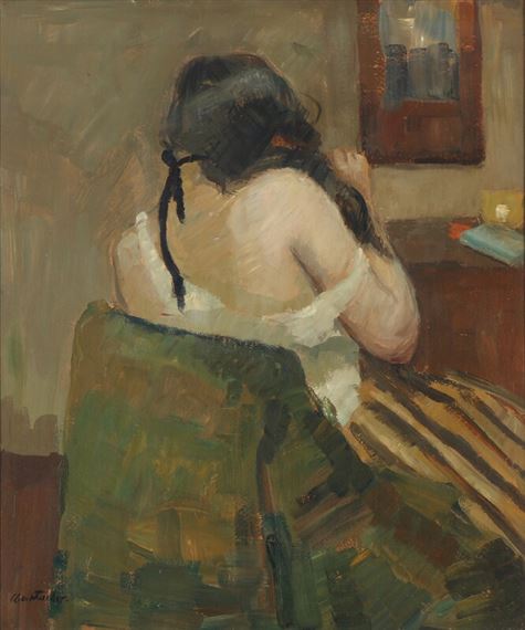 Interior with a woman in front of a mirror by Carl Fischer