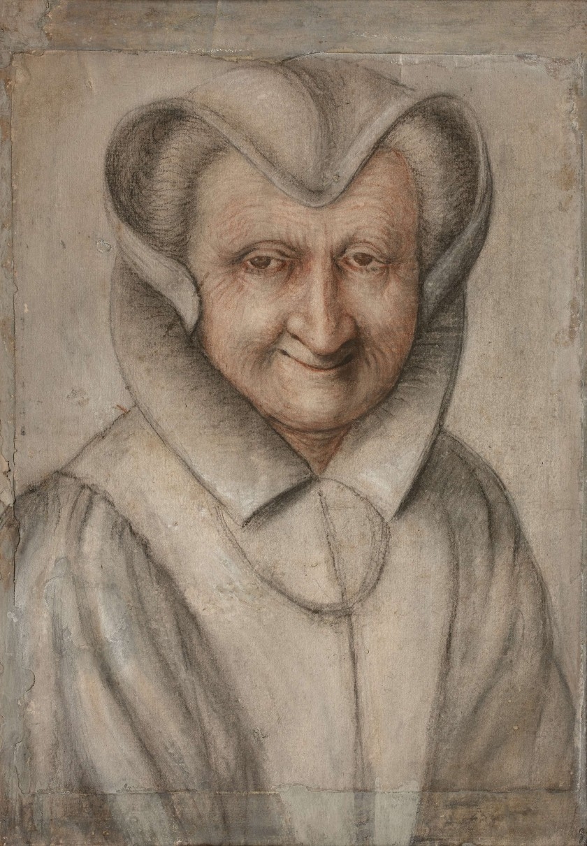 Artwork by Nicolas Lagneau, Portrait de femme âgée de face souriant, Made of black, red and white chalk