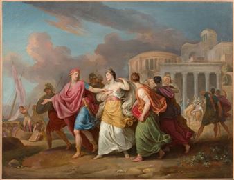 A classical mythological scene depicting a central female figure in white being escorted by figures in colorful robes against a dramatic sky.