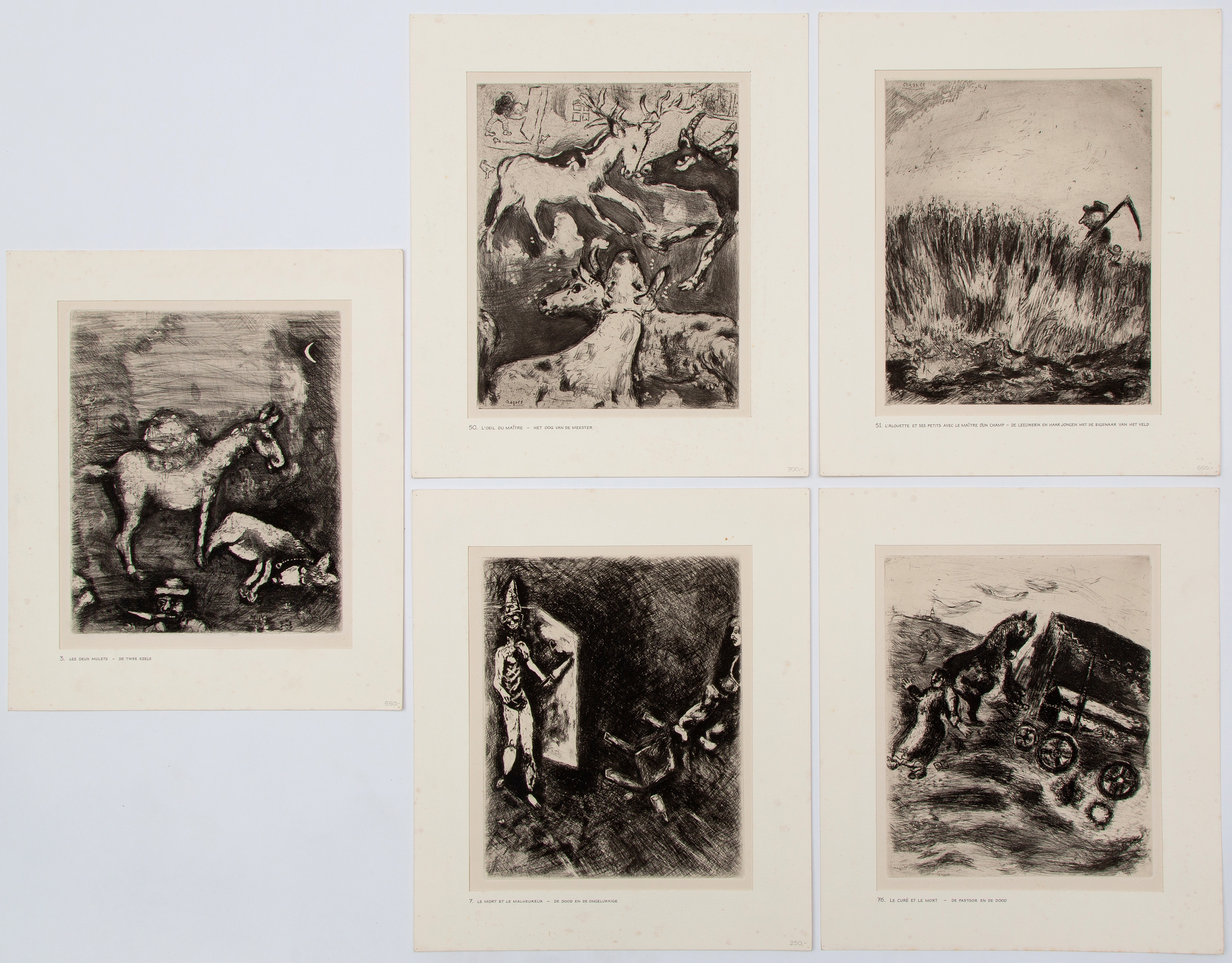 Les Deux Mulets (no. 3); Le Mort et le Malheureux (no. 7);  L'Oeil du Maitre (50); L'alouette et ses petits ave le maitre dún champ (no. 51); Le Curé et le Mort (no. 76) by Marc Chagall, 1952