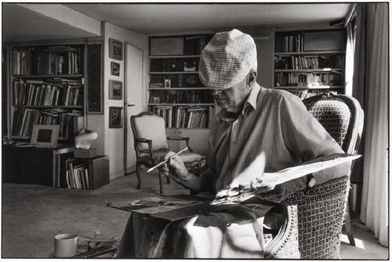 Henri Cartier-Bresson drawing a self-portrait by Martine Franck