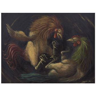 A dramatic painting of two roosters engaged in a fierce, clawed confrontation against a dark, swirling background.