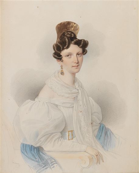 Portrait of a lady in a white dress and with an earring by Josef Kriehuber, (1)831