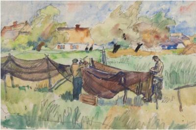 Fischer beim Aufhängen der Netze by Rudolf Allner, 1948